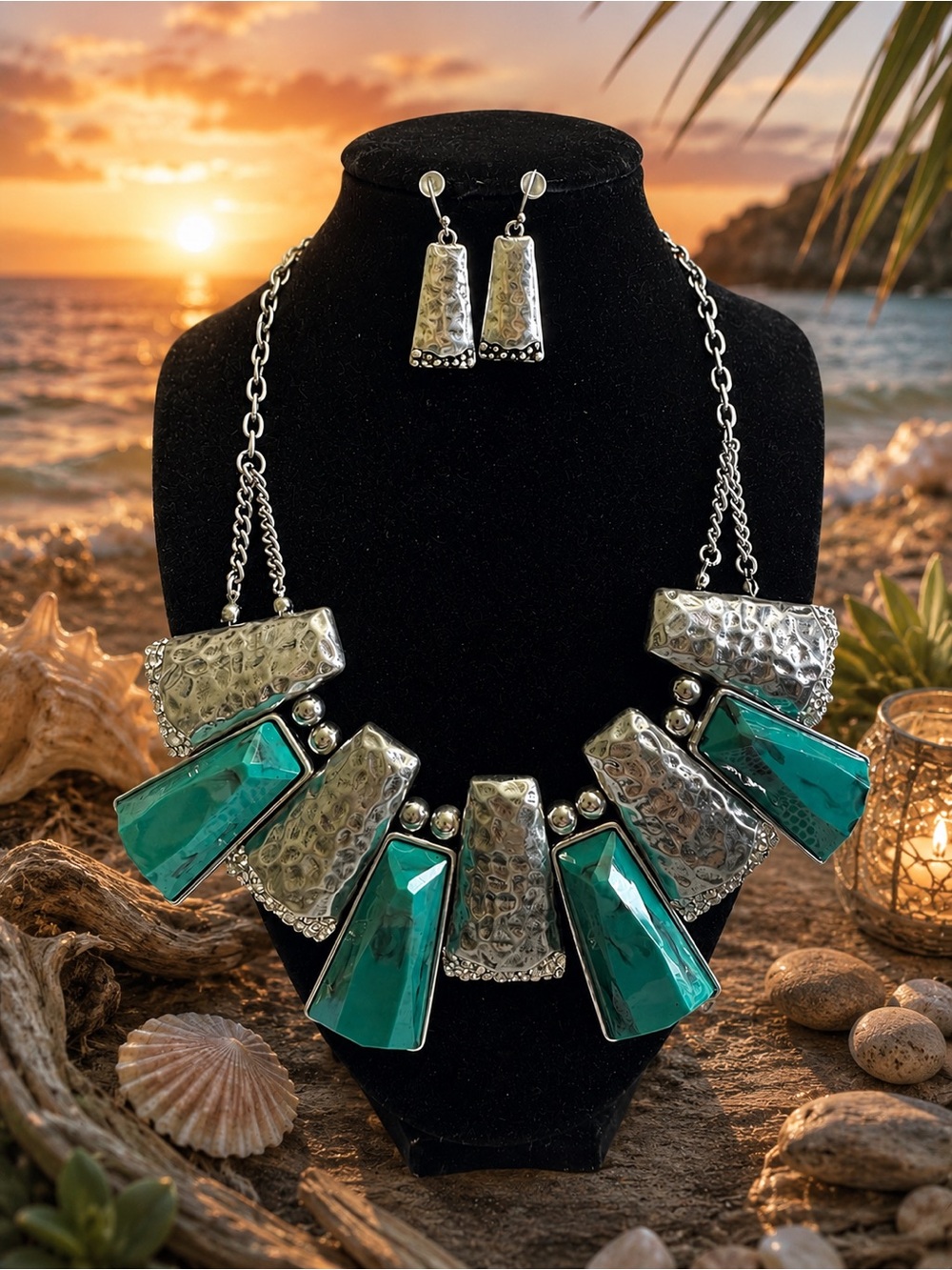 Silver Statement Necklace and Earring Set with Teal Stones